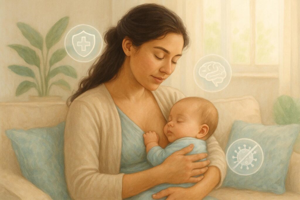 Amamentação oferece benefícios essenciais para a saúde do bebê e da mãe, fortalecendo o sistema imunológico e promovendo recuperação pós-parto eficiente. (imagem gerada com inteligência artificial)