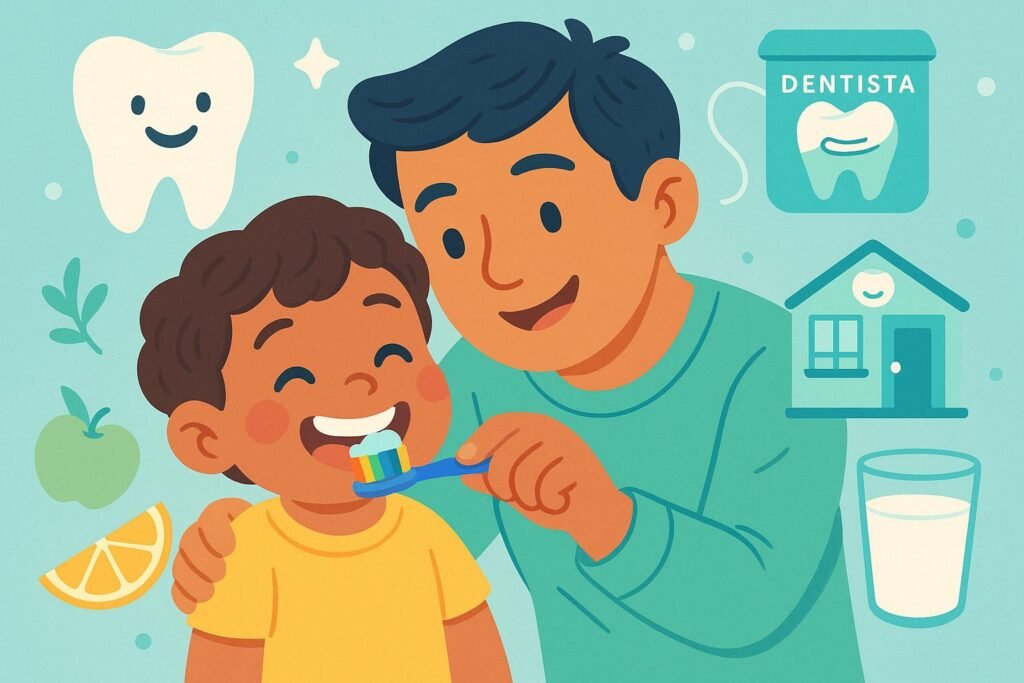 Cuidados com a saúde bucal infantil garantem dentes fortes e sorriso saudável, com higiene adequada, alimentação correta e visitas regulares ao dentista. (imagem gerada com inteligência artificial)