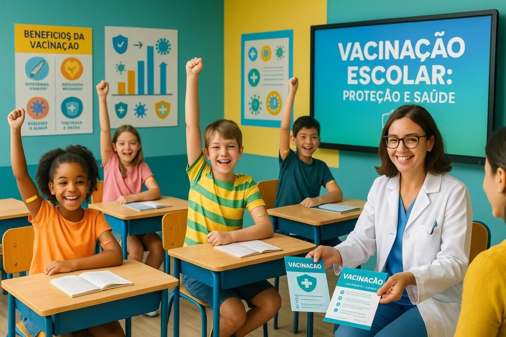 Vacinação em escolas garante imunização acessível, protege os alunos e fortalece a saúde coletiva, promovendo um ambiente escolar mais seguro e saudável. (imagem gerada com inteligência artificial)