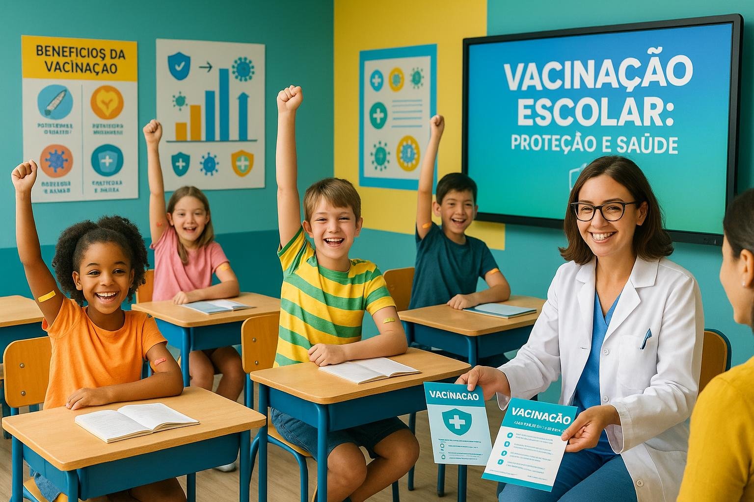 Vacinação em escolas garante imunização acessível, protege os alunos e fortalece a saúde coletiva, promovendo um ambiente escolar mais seguro e saudável. (imagem gerada com inteligência artificial)