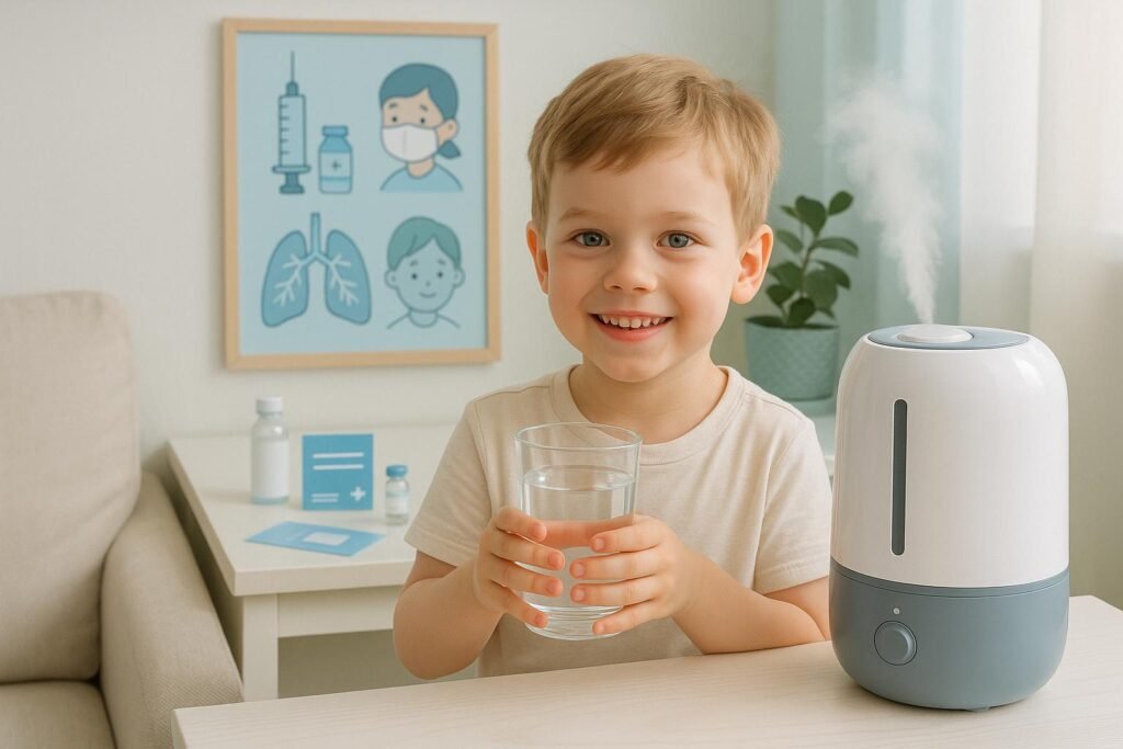 Saúde respiratória: Proteja as crianças no tempo seco com cuidados essenciais como hidratação, umidificação, vacinação e monitoramento dos sintomas. (imagem gerada com inteligência artificial)